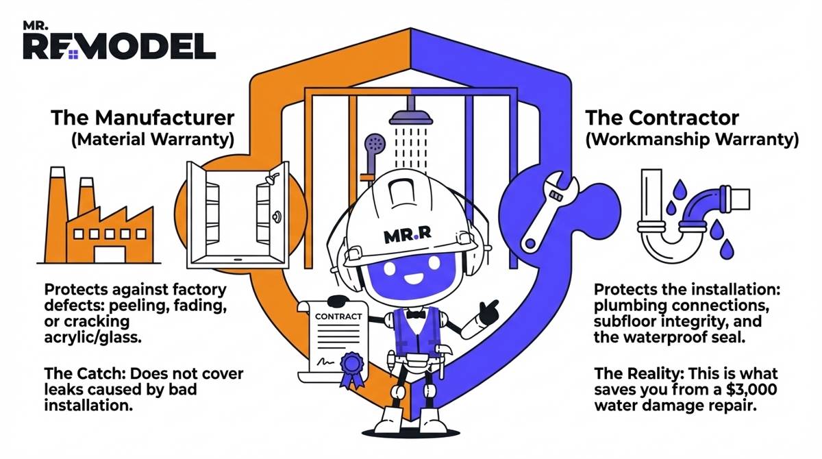 An educational infographic explaining the two halves of a bathroom remodel warranty, distinguishing between the manufacturer's material warranty and the contractor's workmanship and waterproofing warranty.